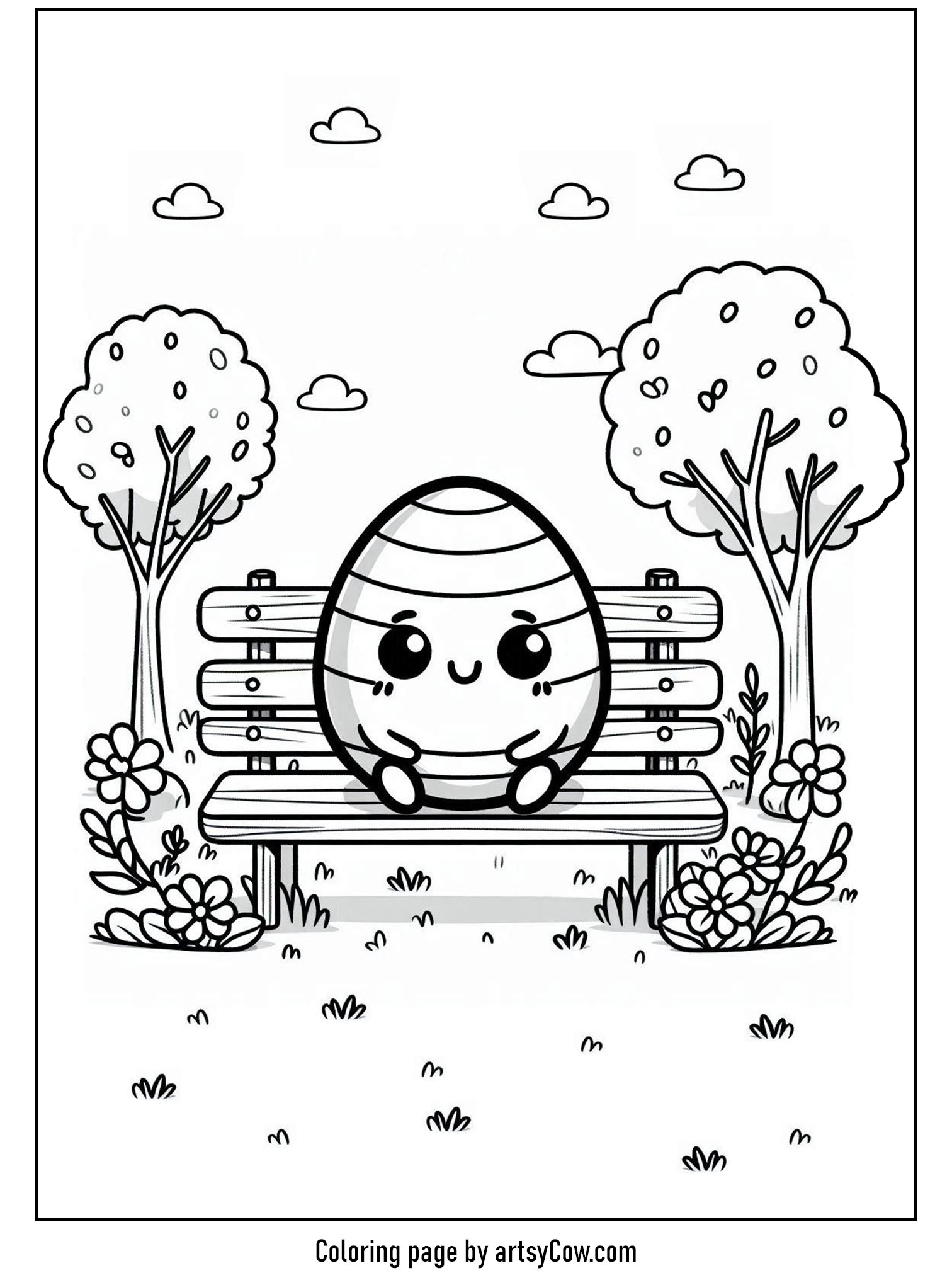 Easter Egg Coloring Pages shows a happy Easter egg sitting on a park bench surrounded by flowers and trees.